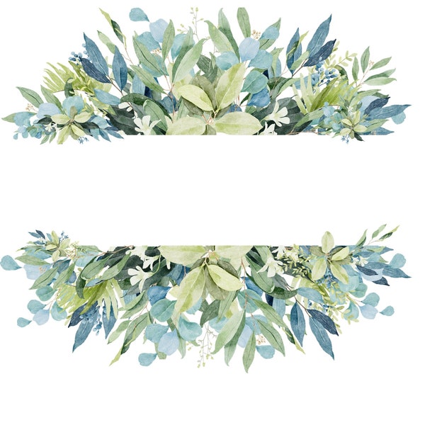 Watercolor green blue leaves yellow floral border png jpg Transparent background Printable background