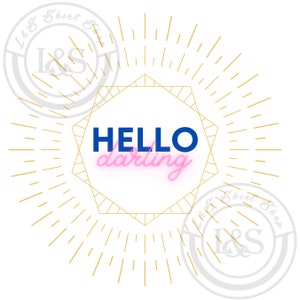 HELLO Darling gold lines circle frame border blue pink neon Clip Art JPG PNG Digital Download
