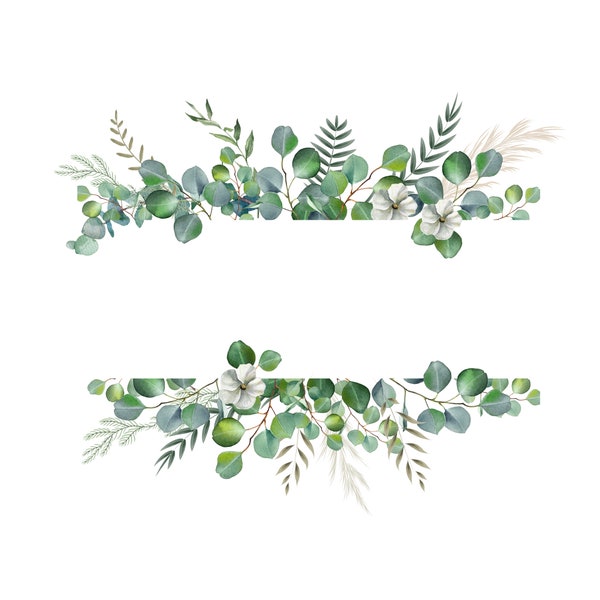 Green watercolor leaves white flowers border png jpg beautiful floral printable transparent background digital download