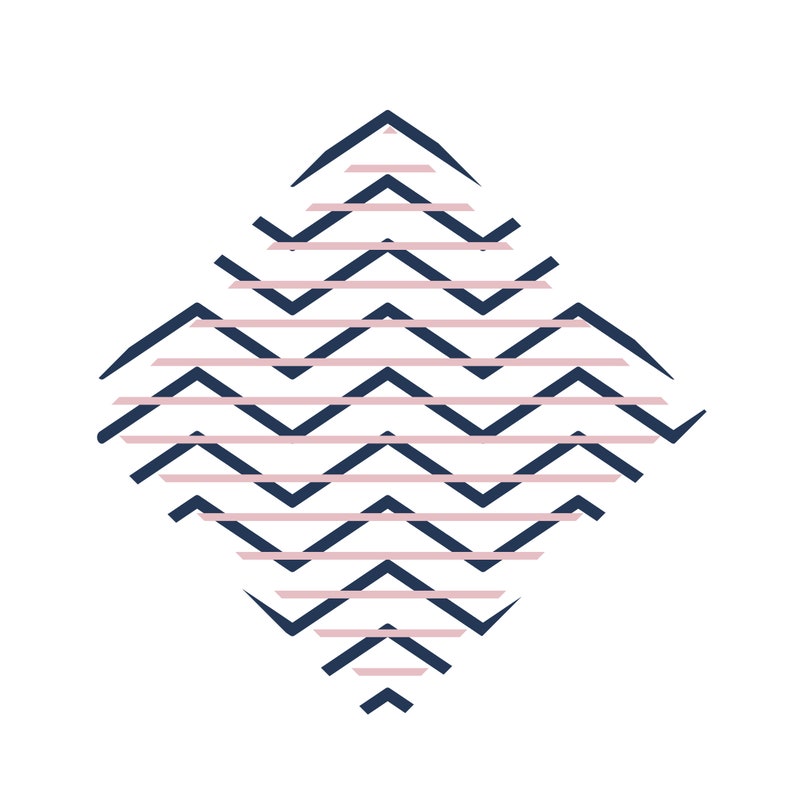 May include: Abstract geometric pattern in a diamond shape with alternating pink and navy blue chevron stripes.