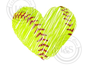 Softball yellow red brush stroke line heart Clip Art JPG PNG Digital Download transparent background