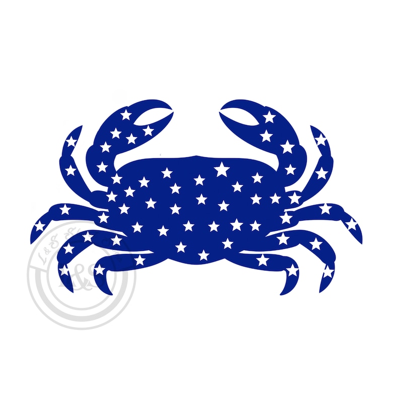 May include: A blue crab silhouette with a white star pattern. The crab is facing forward with its claws raised.