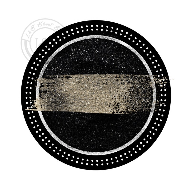 May include: Black and white circular design with a gold glitter stripe. The circle has a white border and a dotted pattern around the edge.
