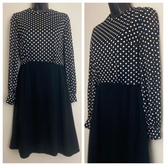 1950s 1960s black white polkadot print flared A-l… - image 1