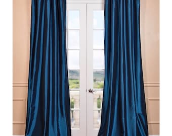 Cortina superior de poste de tafetán de seda sintética azul de dos paneles / cortinas para el hogar