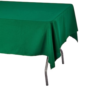 May include: A solid green rectangular tablecloth draped over a table. The tablecloth has a smooth texture and hangs down the sides of the table.
