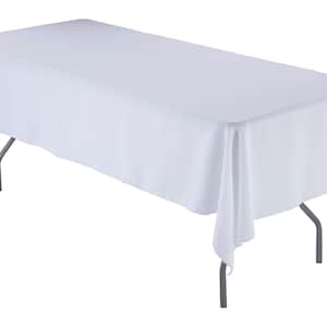 May include: A white rectangular tablecloth draped over a table with silver legs. The tablecloth has a smooth, wrinkle-free surface and hangs down on all sides.