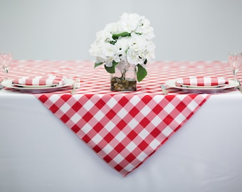 54 inch Square Red and White Checkered Gingham Polyester Tablecloth | Wedding Table Overlay