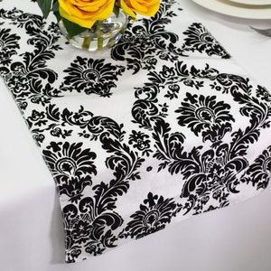Victorian Flocking Damask White and Black Table Runner | Wedding Table Runners