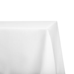 May include: A white tablecloth, neatly draped over a table. The fabric appears smooth and opaque, with a crisp, clean appearance. The corner of the table is visible, showcasing the fabric's drape and texture. Suitable for events and dining.