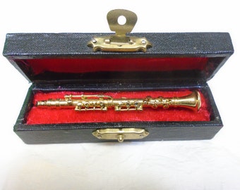 Vintage Highly Detailed Miniature Brass Clarinet in Display Case