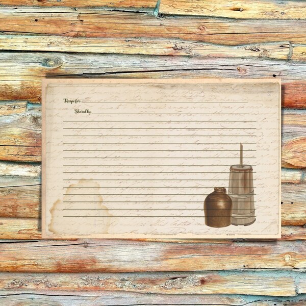 Primitive farmhouse printable recipe card with jug and churn