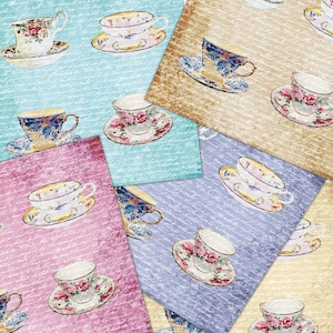 Quadrati di carta stampabili a forma di tazza da tè per diari spazzatura, scrapbooking, decoupage, licenza per uso commerciale inclusa