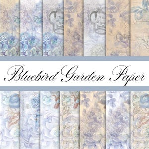 Bluebird garden paper with hydrangeas, birdcages, and bluebirds, set for junk journaling, junk journal pages,