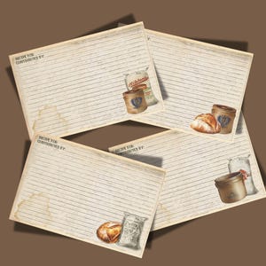 Pode incluir: Cartões de receitas em estilo vintage com papel pautado, apresentando ilustrações de pão, sacos de farinha e potes. Os cartões têm uma aparência desgastada e envelhecida com o texto "RECIPE FOR: CONTRIBUTED BY:" impresso no topo. O tema é assar e cozinhar.