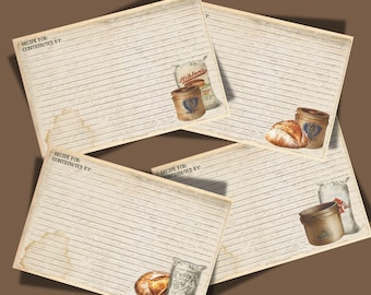 May include: Vintage-style recipe cards with lined paper, featuring illustrations of bread, flour sacks, and jars. The cards have a worn, aged appearance with the text "RECIPE FOR: CONTRIBUTED BY:" printed at the top. The overall theme is baking and cooking.