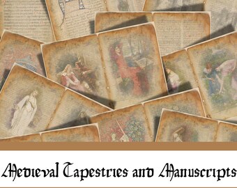 May include: A collection of vintage, aged paper pages with images of medieval tapestries and manuscripts. The pages are yellowed and have a worn, antique look. The images include scenes of knights, ladies, and mythical creatures.