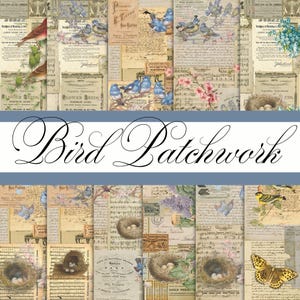 May include: A collage of vintage-style papers with illustrations of birds, nests, and flowers. The text "Bird Patchwork" is displayed in elegant script across the center. The color palette includes beige, blue, and pink.