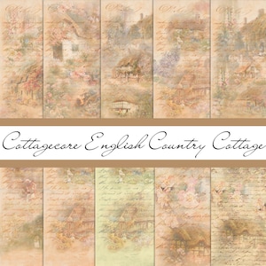 Puede incluir: Un collage digital de imágenes de estilo vintage que representan casas de campo inglesas, jardines y texto escrito a mano. Las imágenes están en tonos suaves y apagados de beige, marrón y verde, creando una atmósfera acogedora y romántica.