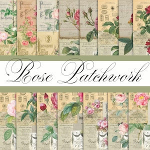 Könnte beinhalten: Eine Collage von botanischen Bildern im Vintage-Stil mit Rosen und floralen Elementen. Die Bilder sind in einem Patchwork-Design angeordnet, mit dem Text "Rose Patchwork". Die Farbpalette umfasst Rosa-, Grün- und Beigetöne.