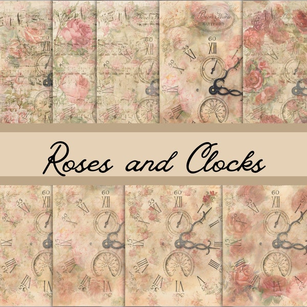 Roses and clocks junk journal paper