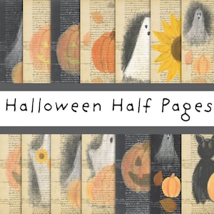 Puede incluir: Una colección de hojas de papel digital titulada Halloween Half Pages, con fondos de escritura estilo vintage superpuestos con ilustraciones de calabazas naranjas, fantasmas blancos, girasoles amarillos y un gato negro en varias disposiciones.