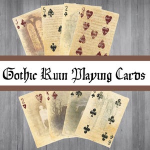 May include: A deck of Gothic Ruin Playing Cards with a vintage aesthetic. The cards feature illustrations of gothic ruins and traditional card suits in red and black. The text "Gothic Ruin Playing Cards" is displayed across the image.