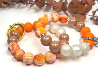Silicone Bead Wristlet Keychain Autumn Marble Beaded Elastic Stretch Boho Key Ring, Gift for Her Clip-On Purse Bag Backpack