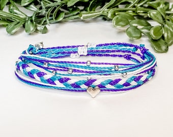 Suicide Awareness & Prevention Adjustable Waterproof Bracelets | Minimalist Stackable Bracelet | Friendship Wax Cord String | Purple Teal