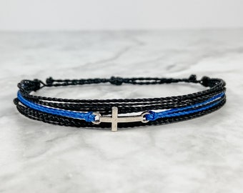 Thin Blue Line Christian Cross Charm Adjustable Bracelet | Law Enforcement Gift | LEO | Police Officer Chaplain, Wife, Wax Cord