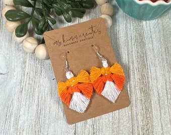 Mini Candy Corn Macrame Feather Earrings , Boho, Halloween, Fall Costume, Jewelry
