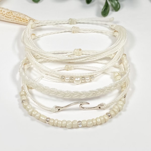 Ensemble de bracelets vagues de sable | Bracelets ajustables en cordon de cire imperméable | Minimaliste empilable | Bijoux de mariage de plage | Cadeau de demoiselle d'honneur