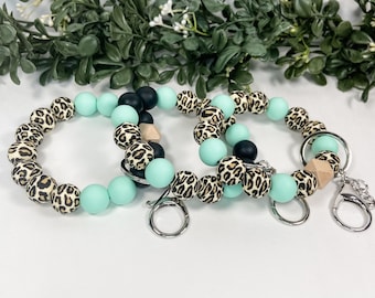 Silicone Bead Keychain Wristlet | Leopard Print & Teal Beads | Stretchy Elastic | Boho Key Ring Bracelet | Swivel Lobster Claw Clasp