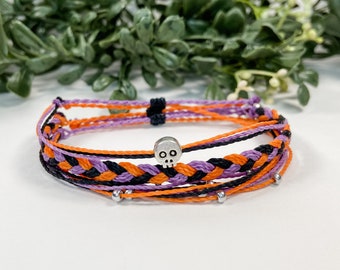 Halloween Adjustable Waterproof Bracelet Set | Skull Charm Minimalist Stackable Bracelets | Friendship Wax Cord String | Orange Black Purple