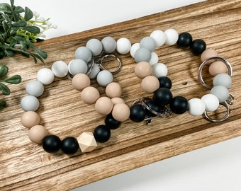 Silicone Bead Wristlet Keychain | Color Block Neutral Beads | Stretchy Elastic Beaded Keyring | Boho Bracelet Key Ring