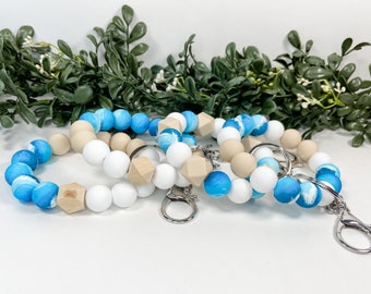 Silicone Beaded Wristlet | Beachy Vibes | Ocean Waves Beads | Stretch Elastic | Boho Key Ring Stretchy Bracelet | Lobster Claw Clasp