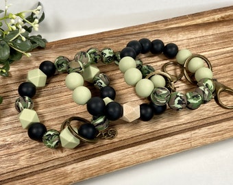 Silicone Bead Keychain Wristlet | Camouflage Print Beads | Stretchy Elastic Keychain | Boho Camo KeyRing Bracelet