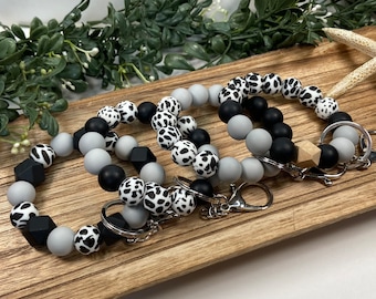 Silicone Beaded Wristlet | Cow Print Beads | Black White Gray | Stretchy Elastic | Boho Key Ring Bracelet | Swivel Lobster Claw Clasp