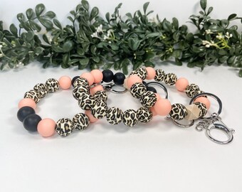 Silicone Bead Wristlet | Leopard Print & Peach Beads | Stretchy Elastic | Boho Key Ring Bracelet | Swivel Lobster Claw Clasp