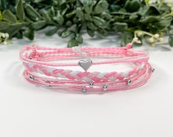 Pink Breast Cancer Awareness Adjustable Waterproof Bracelet Set | Minimalist Stackable Bracelets | Friendship Wax Cord String Bracelet Stack