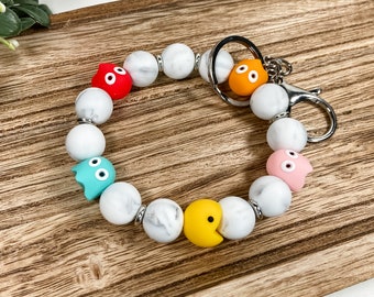 Silicone Beaded Wristlet Keychain | Retro 80's Pac-Man Arcade | Stretchy Elastic | Boho Style Key Ring Bracelet | Key Fob