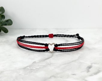 Heart Charm Thin Red Line Bracelet - Elegant Support for Firefighter - Adjustable, Stackable Jewelry Gift for Wife, Family, Fireman