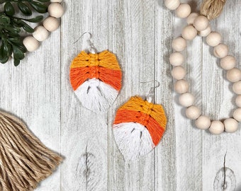 Candy Corn Macrame Feather Earrings , Boho, Halloween, Fall Costume, Jewelry