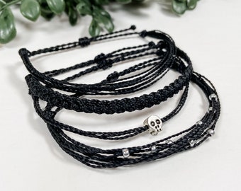 Black Gothic Skull Bracelet Set | Adjustable Waterproof Wax Cord String Bracelets |  Minimalist Friendship String Bracelet Set | Gift Set