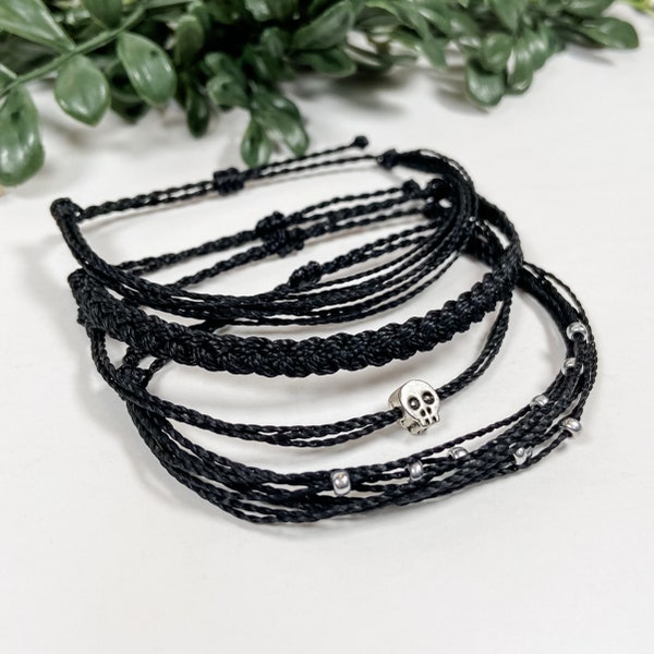 Black Gothic Skull Bracelet Set | Adjustable Waterproof Wax Cord String Bracelets |  Minimalist Friendship String Bracelet Set | Gift Set