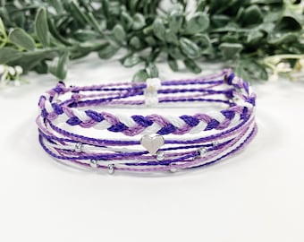 Purple Adjustable Bracelets | Awareness Bracelet | Alzheimer’s | Domestic Violence | Thyroid Cancer | Stackable | Friendship Wax Cord
