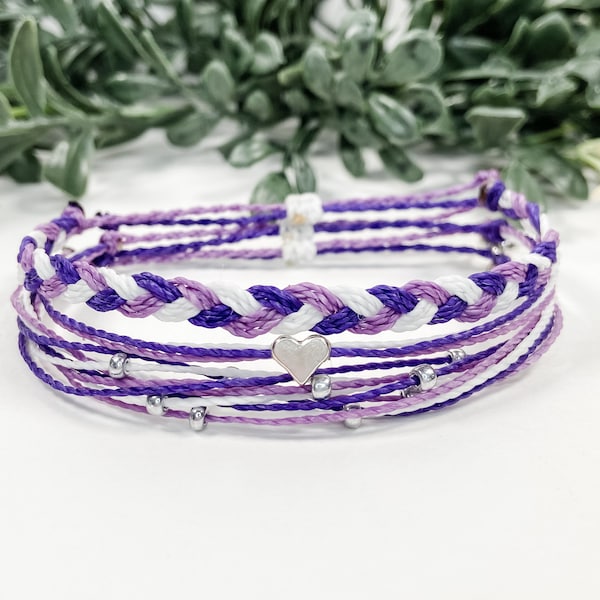 5-Pack Domestic Violence Awareness Bracelets - Purple Stretch Band With Heart Charm, 7 Inch