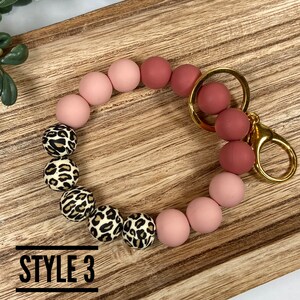 Silicone Beaded Wristlet Leopard Print Maroon and Peach Stretchy Elastic Boho Keychain Bracelet Swivel Lobster Claw Clasp image 4