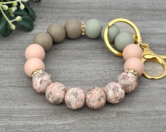 Floral Silicone Beaded Keychain Bracelet Gold Clasp Wristlet for Women Boho Stretch Bead Key Ring Holder Gift for Teachers, Moms