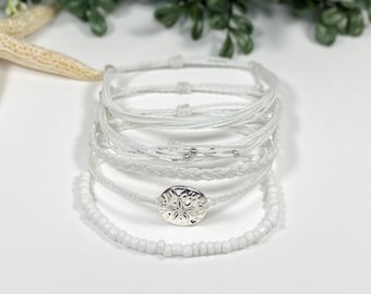 White Sand Dollar Adjustable Bracelet Set | Minimalist Stackable Bracelets | Wax Cord String Waterproof Friendship Bracelet
